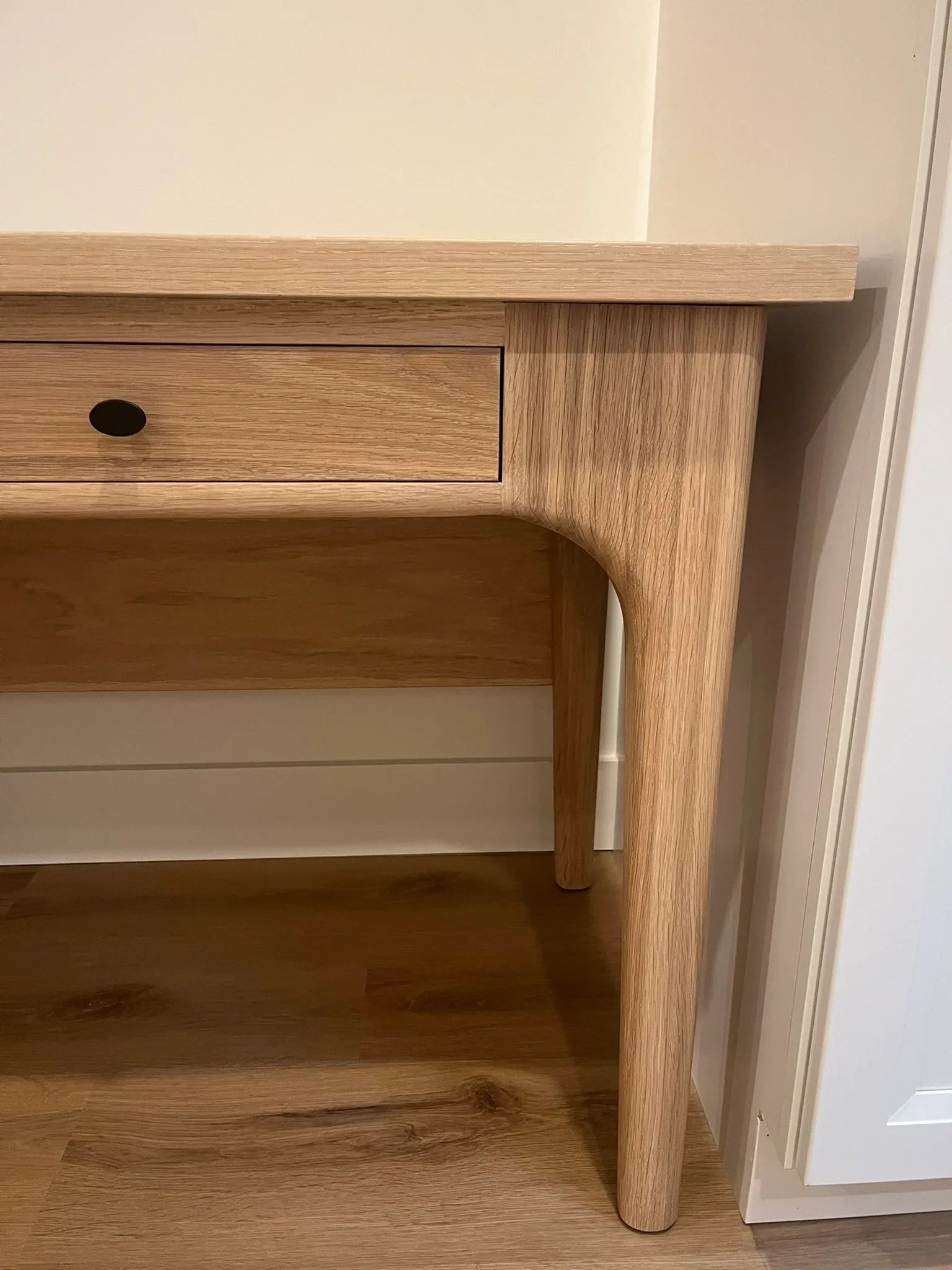 The Amelia White oak desk 3 drawers custom carved legs detail