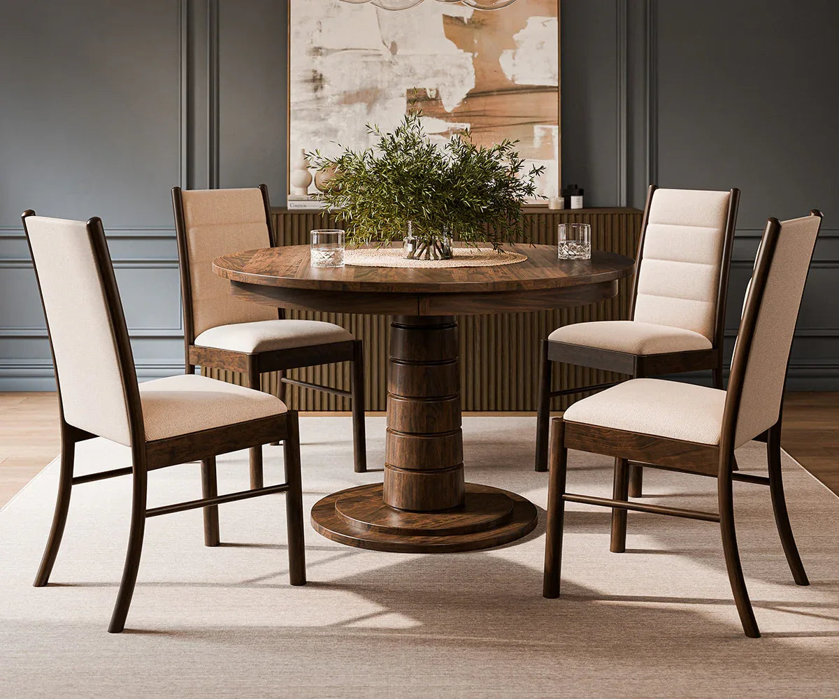 liam room setting ap cherry custom stained round pedestal dining table