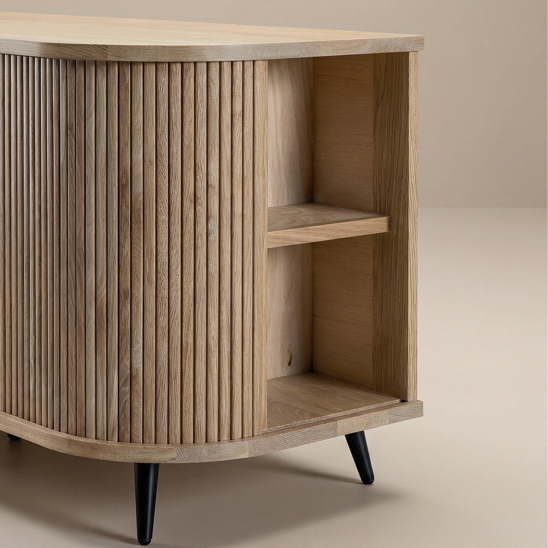 Wooden sideboard with slatted design on a beige background
