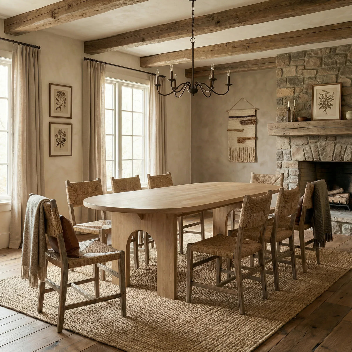 Bighorn oval dining table in a great room with fireplace