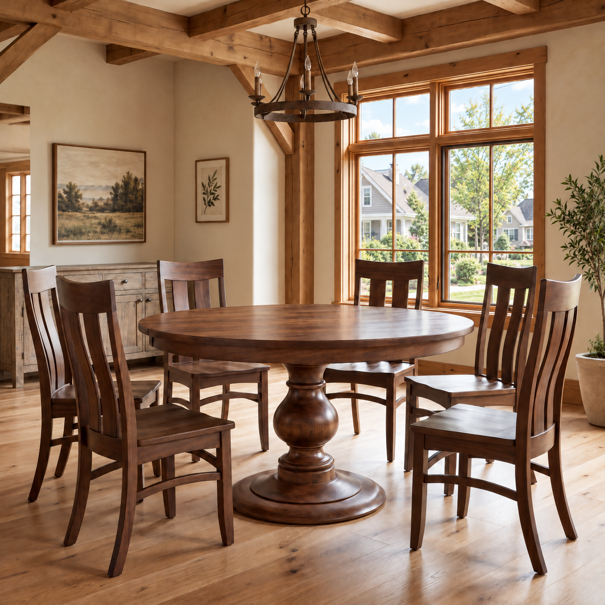 Bryce round walnut dining table with turned pedestal and chairs in a dining room