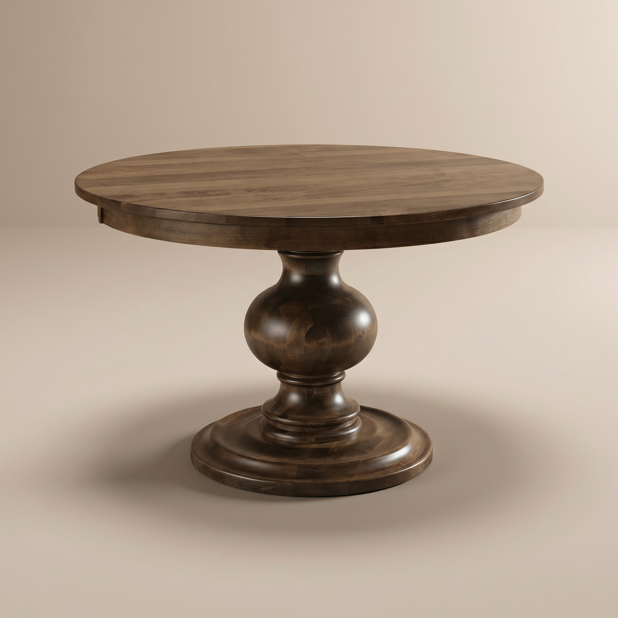 Round wooden table with a pedestal base on a beige background