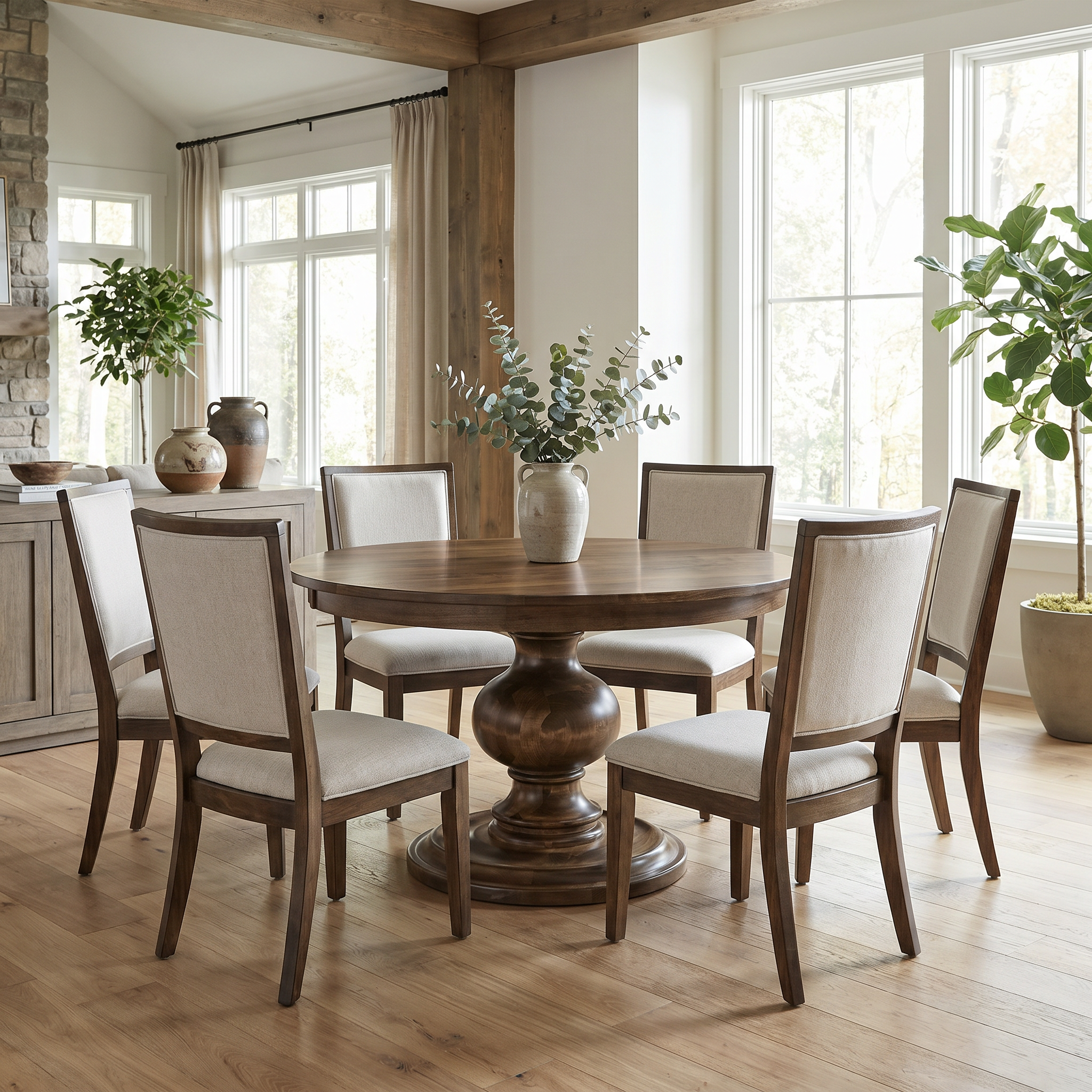 Dining room with wooden table and chairs in a bright room with large windows.