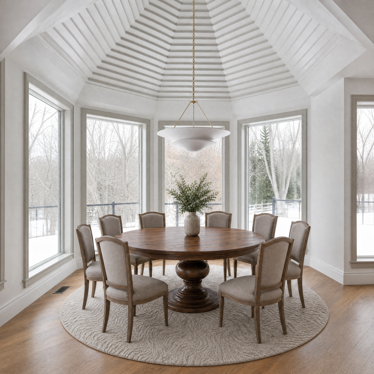 Holloway round pedestal dining table in solid hardwood with eight upholstered chairs