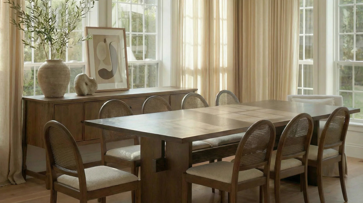 Custom solid wood dining table in a bright dining room
