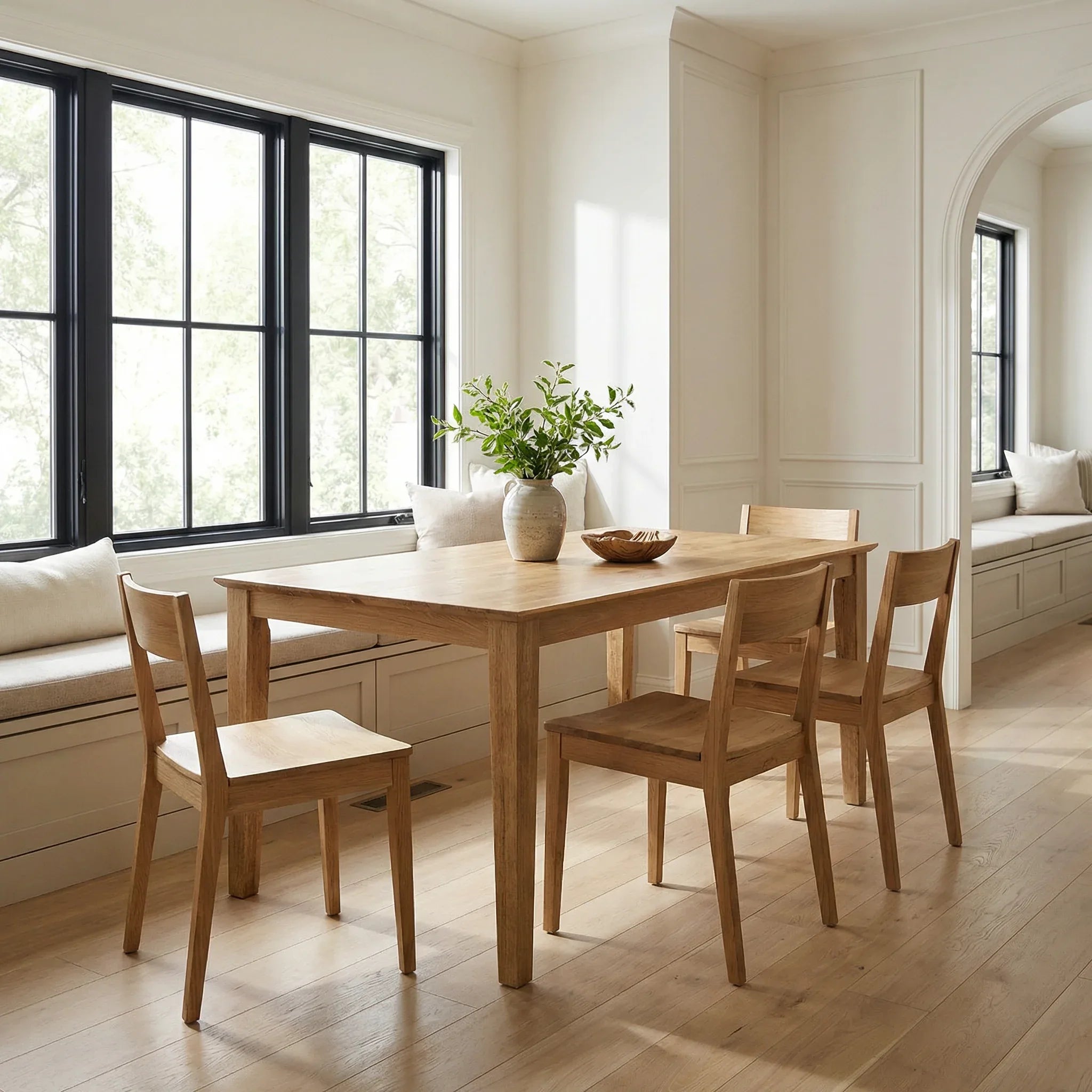 Dining room with wooden table and chairs in a bright room with large windows.