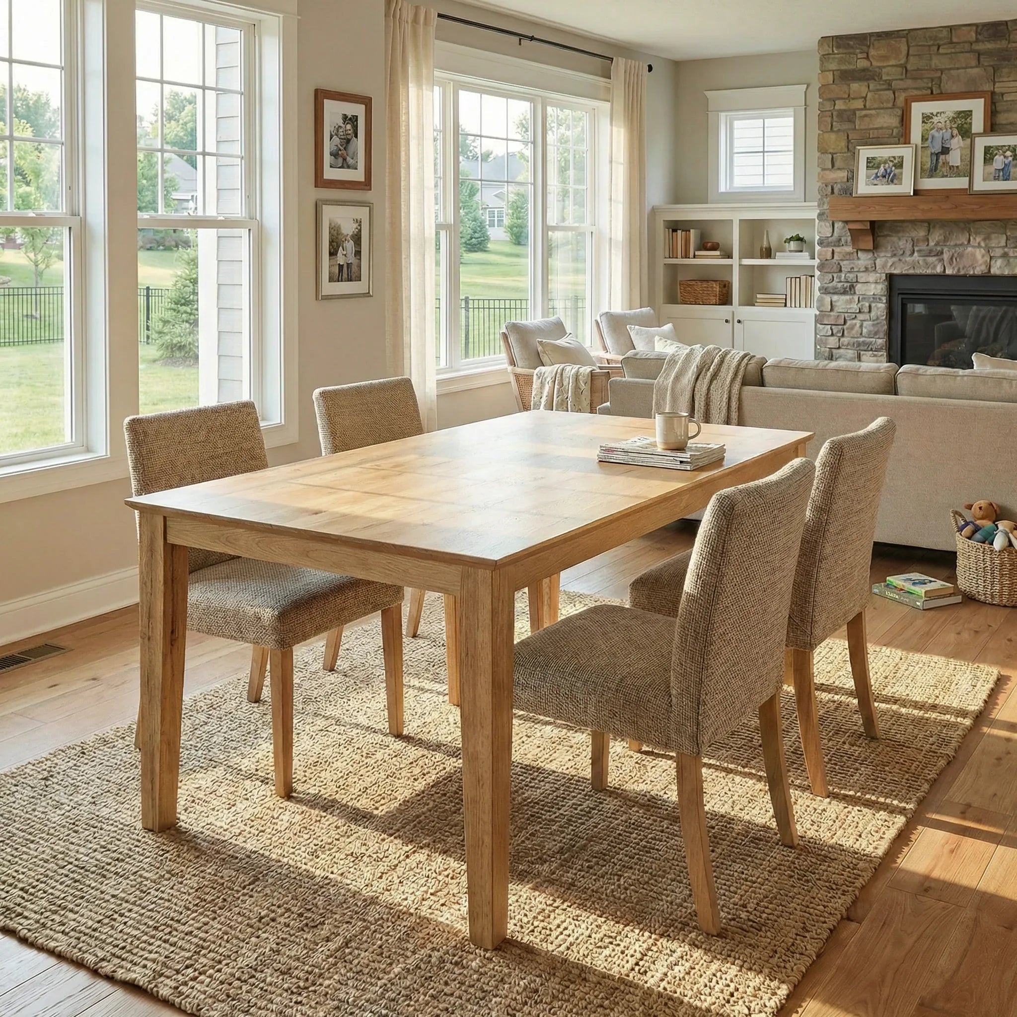 Dining room with wooden table and chairs in a well-lit living room.
