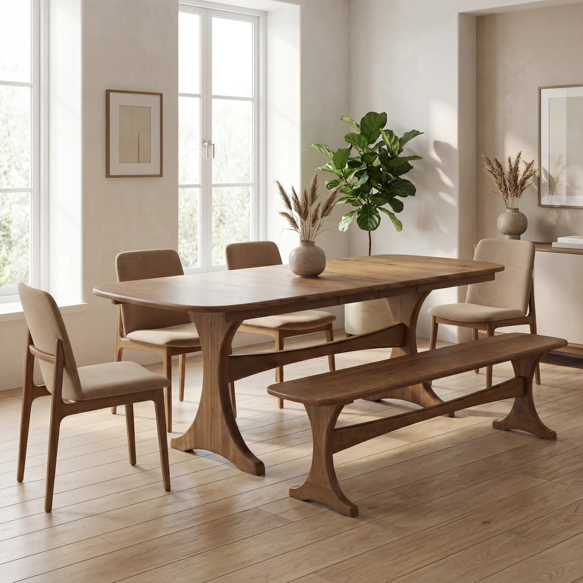 Hollis trestle dining table with bench and chairs