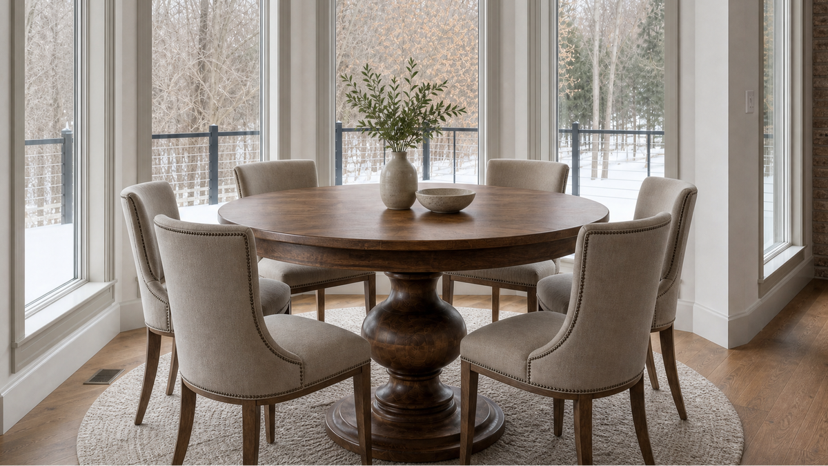 Holloway round pedestal dining table with upholstered chairs by bay windows