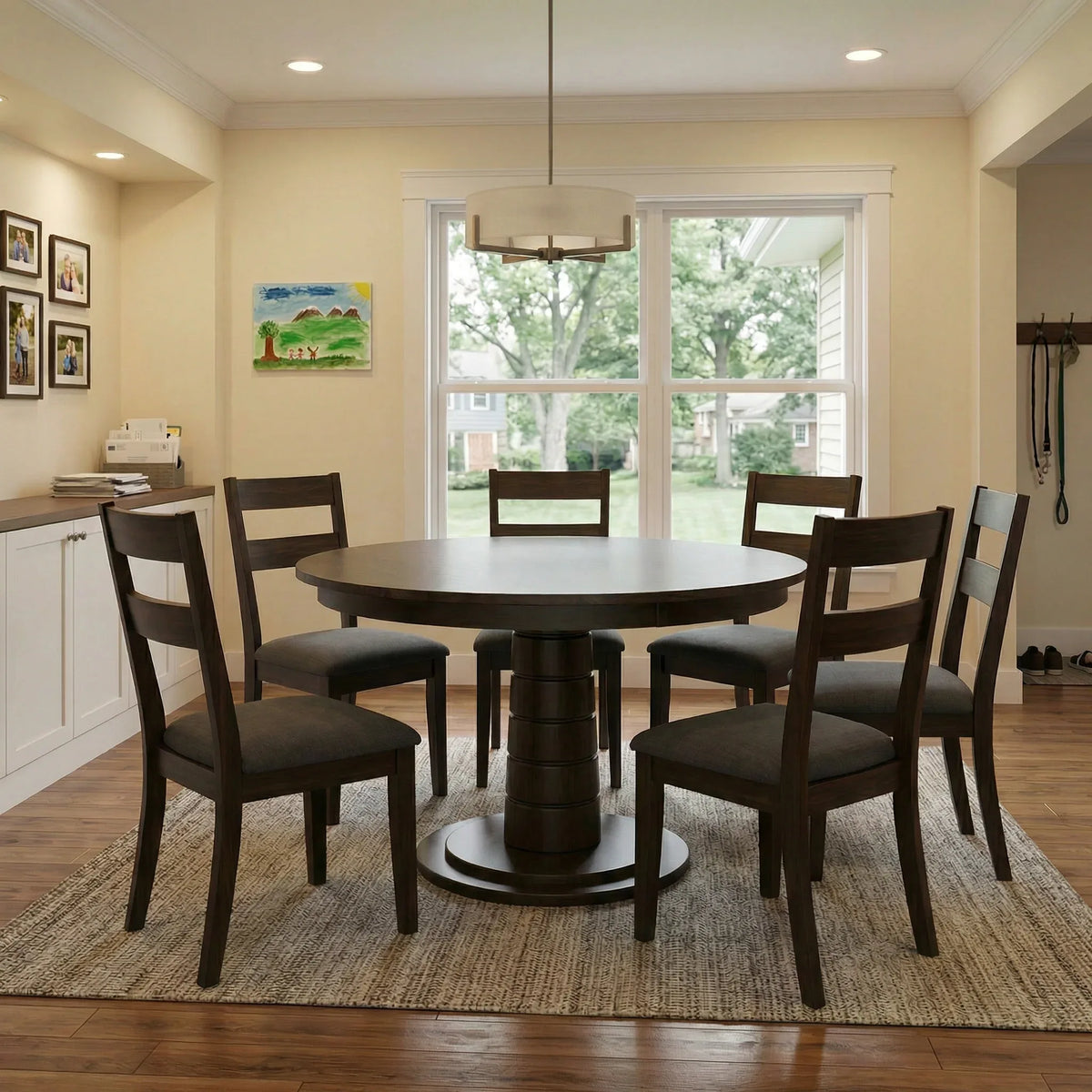 Kestrel walnut round pedestal dining table in a home