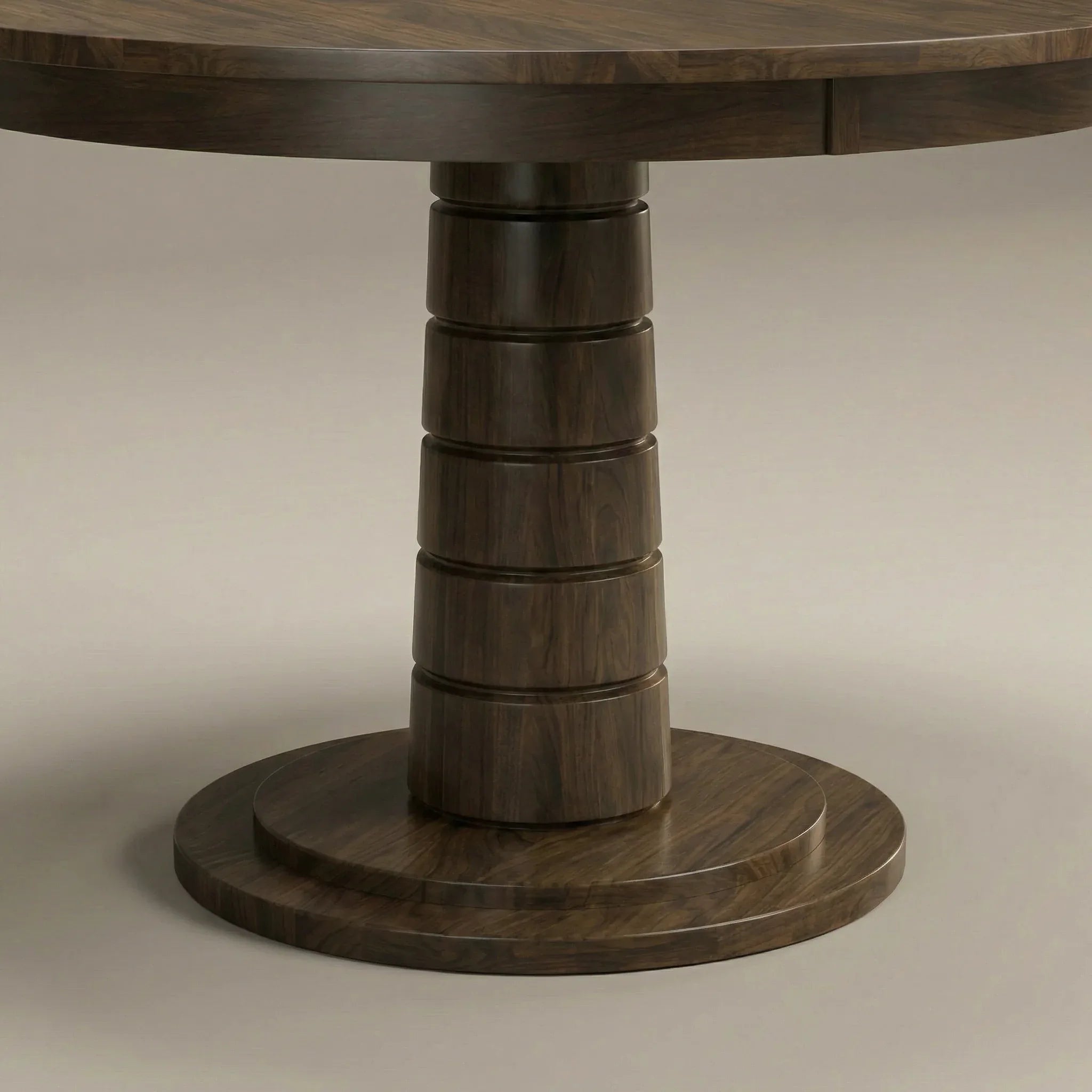 liam dining table close up of base grain detail of walnut round table