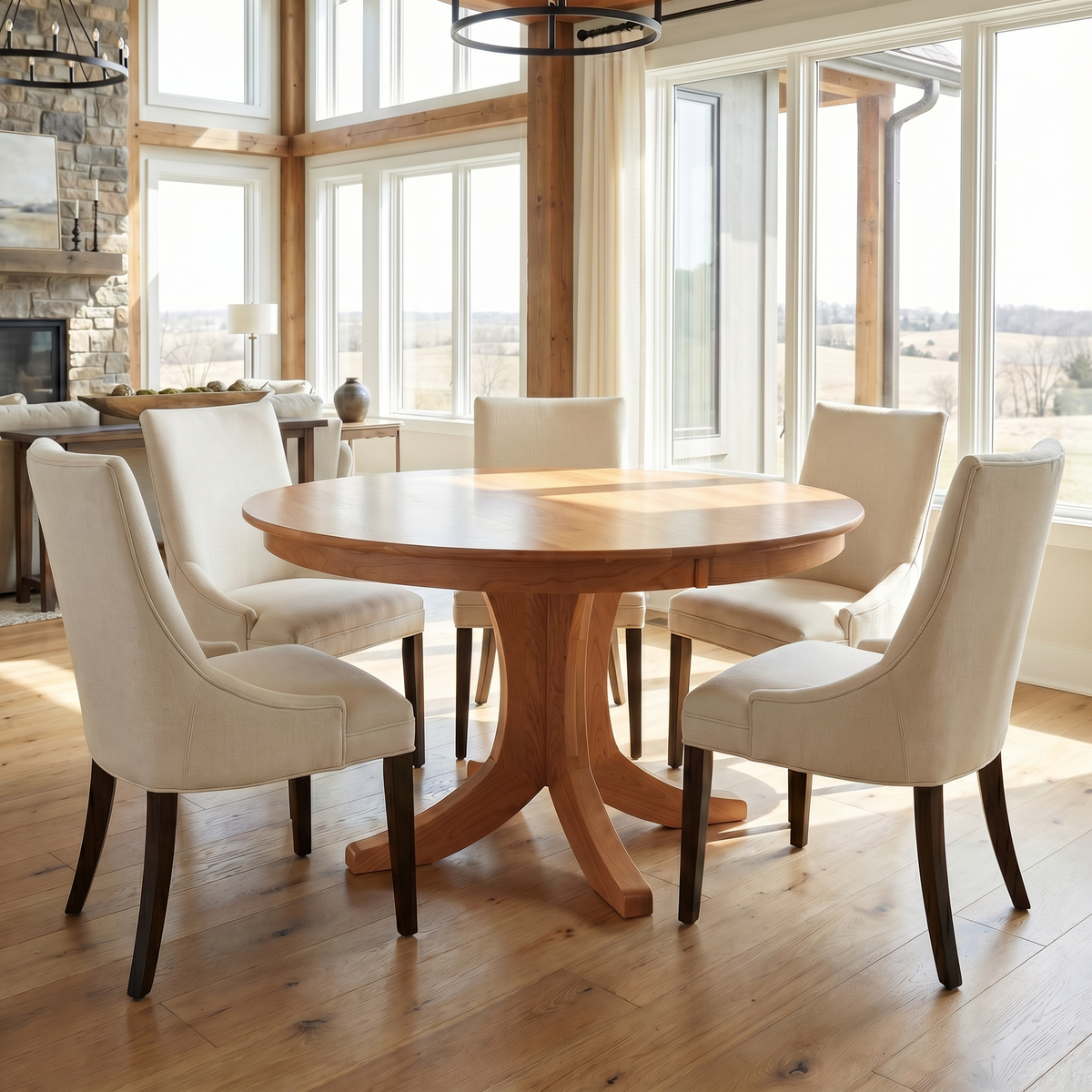 Linden round dining table with upholstered chairs in a great room