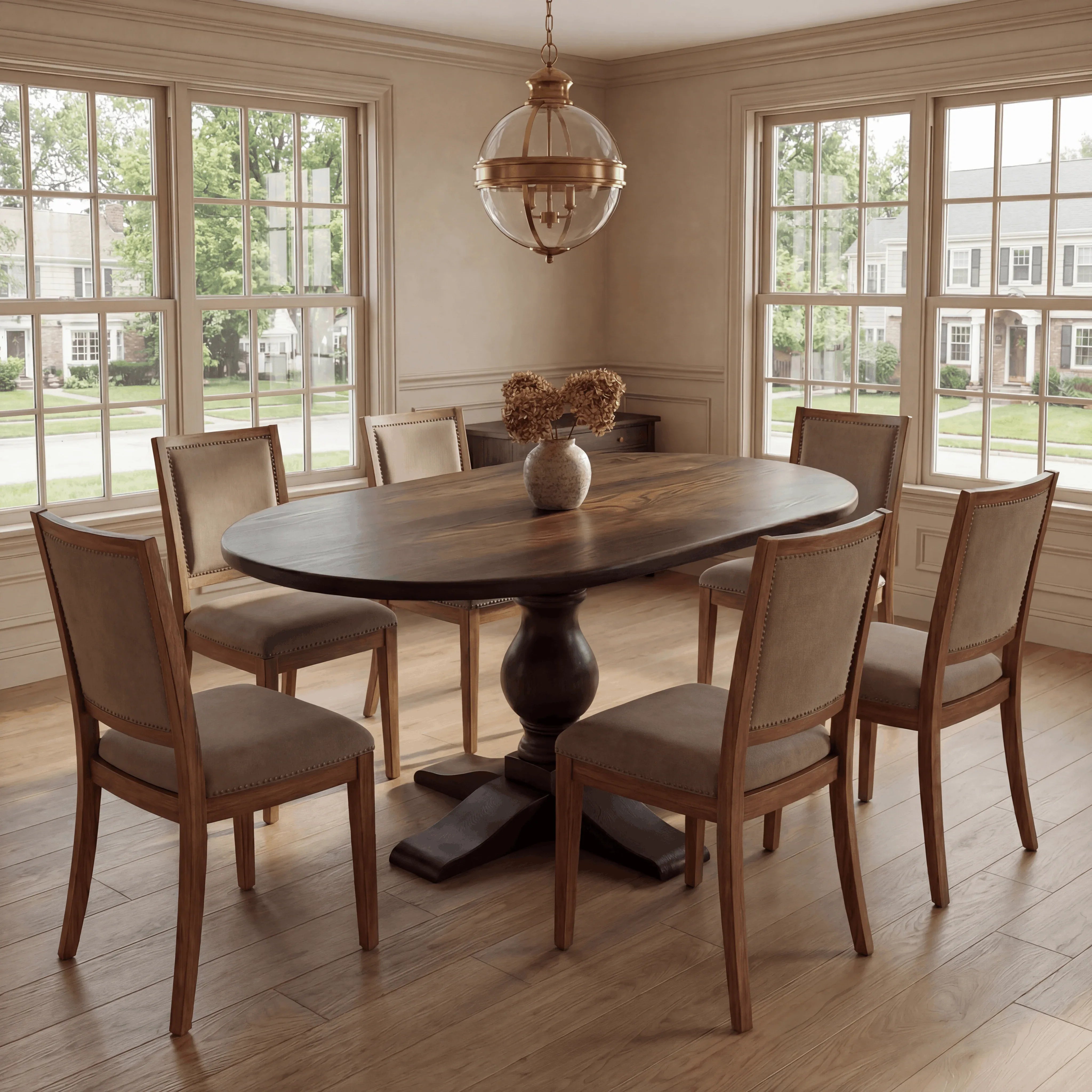 Dining room with wooden table and chairs in a well-lit room.