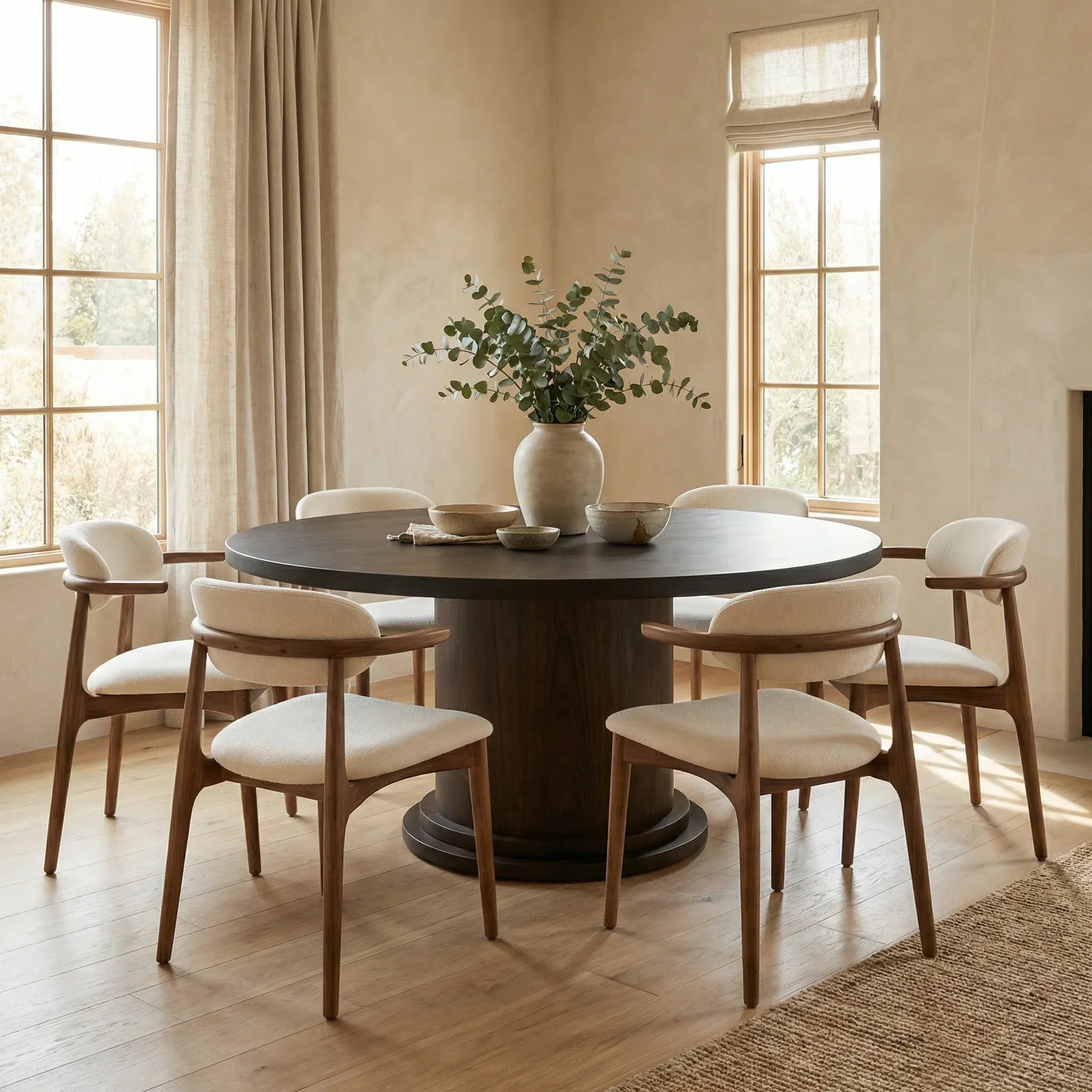 Dining room with a round wooden table and chairs in a well-lit room.