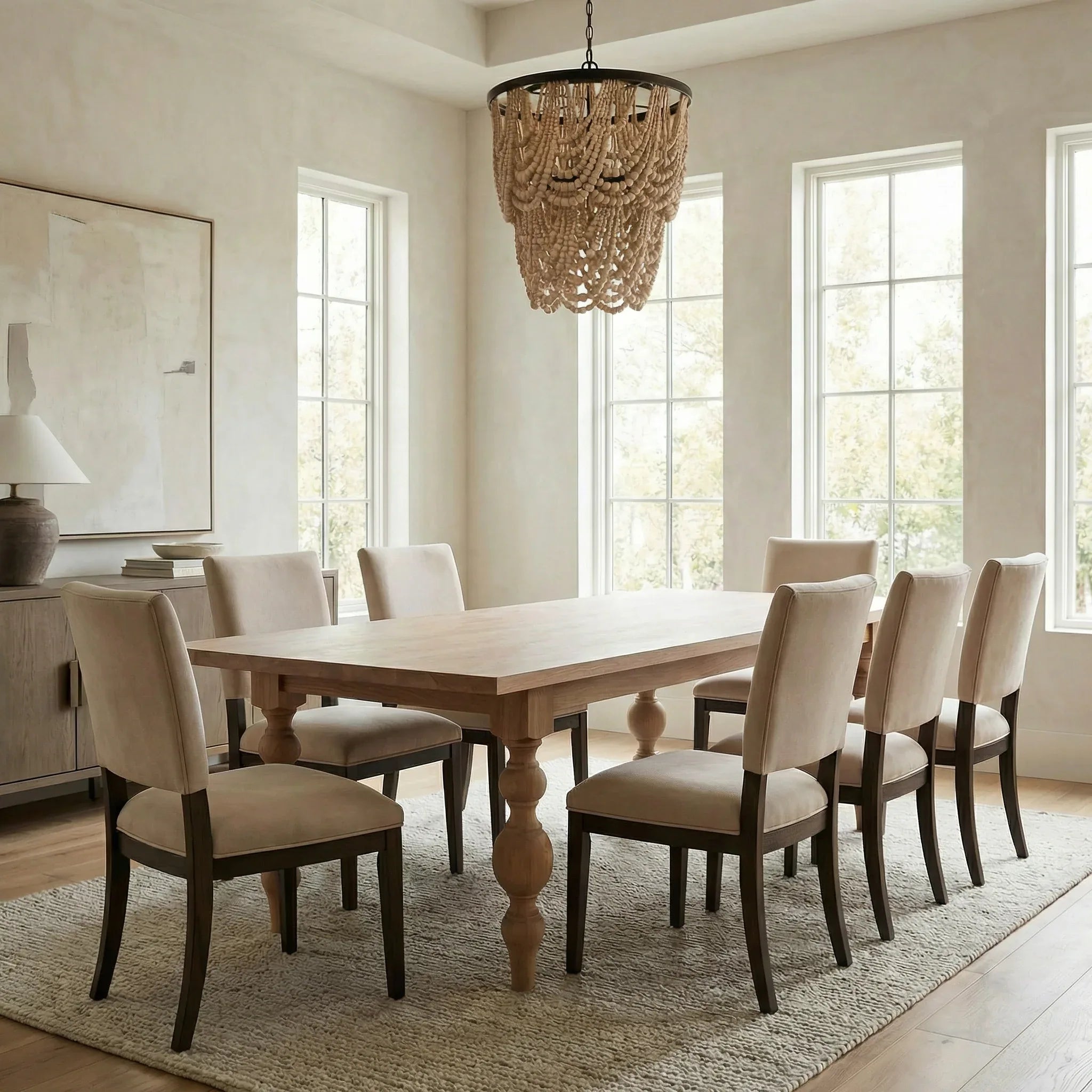 Dining room with wooden table and chairs in a well-lit room.