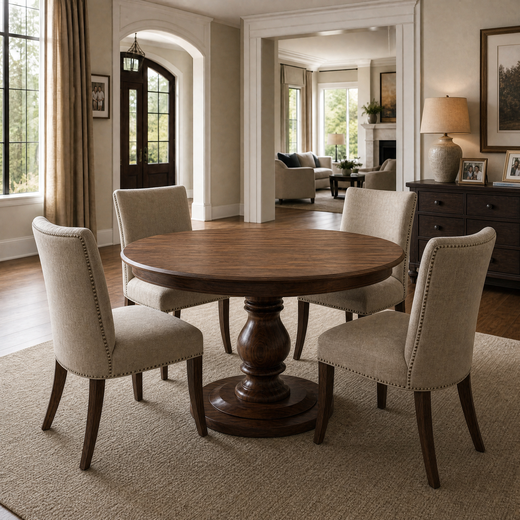 The sedona round in a living room in walnut