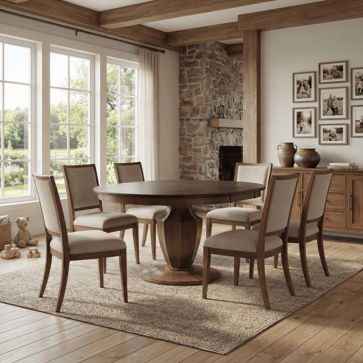 Sterling round pedestal dining table in maple