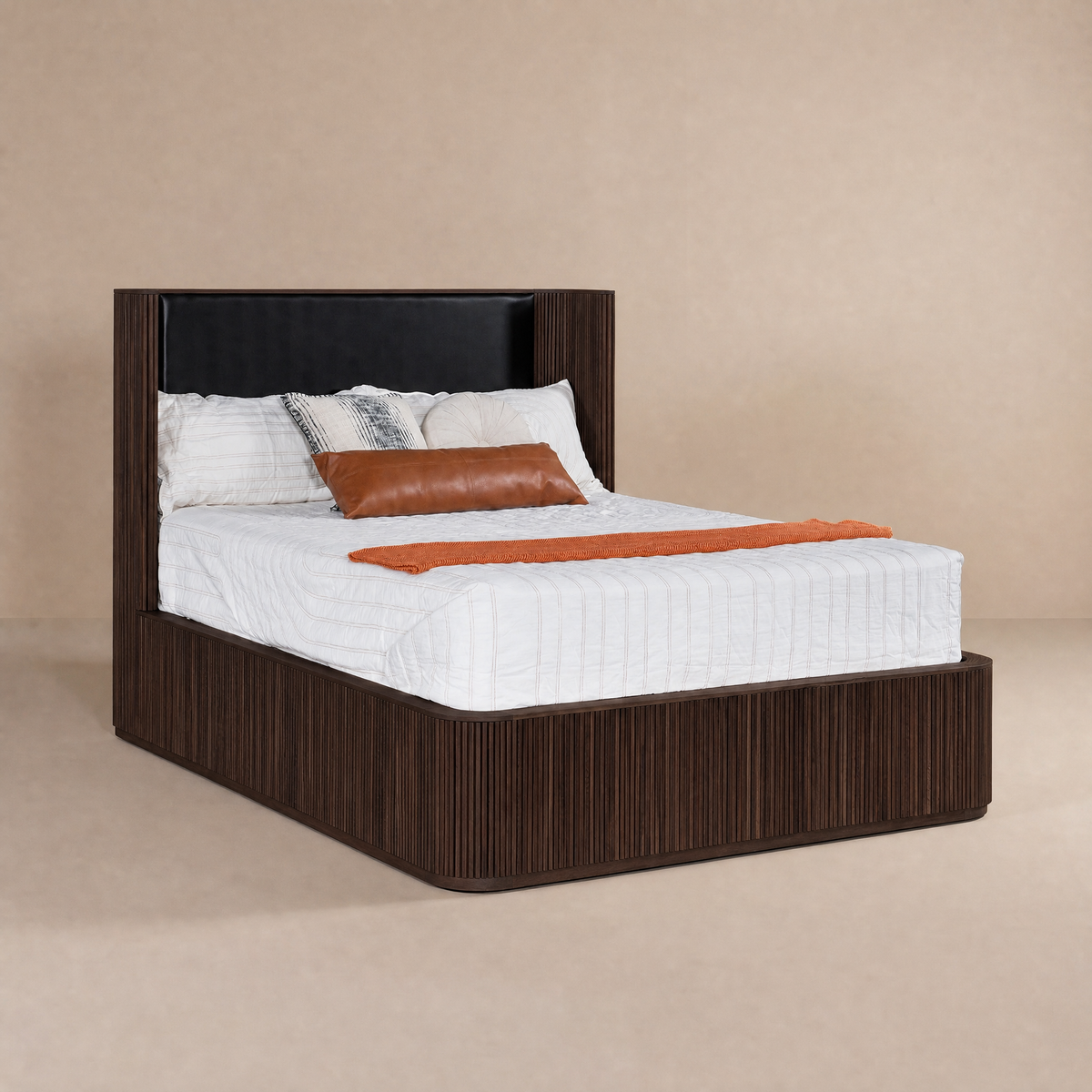 Sundance upholstered platform bed with dark wood base