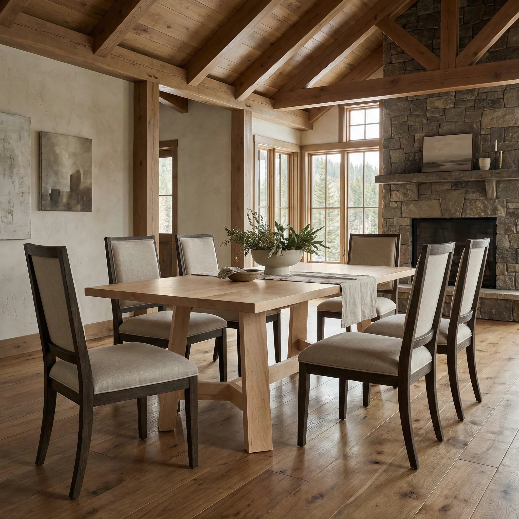 Dining room with wooden table and chairs in a rustic setting The Tucson dining table 4 legged table base