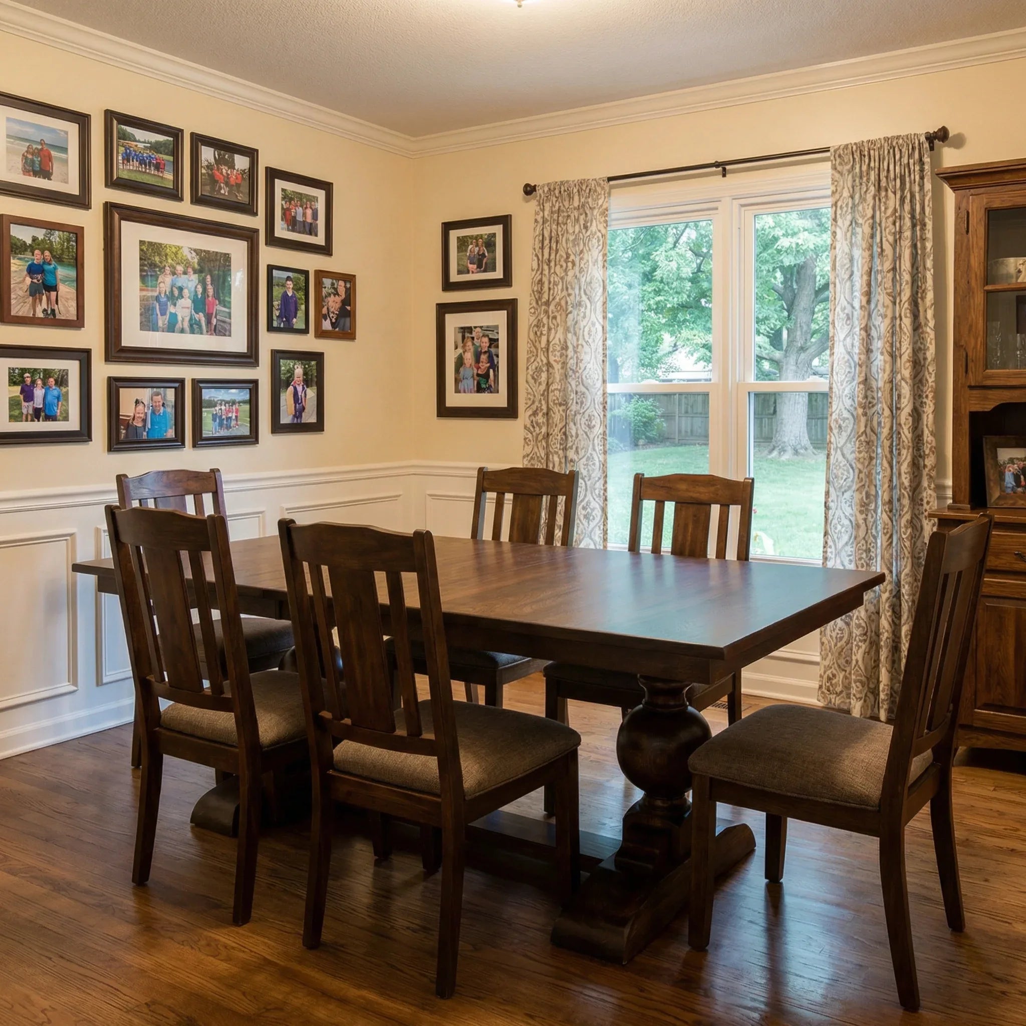 Dining room with wooden table and chairs, family photos on the wall, and a window with curtains.