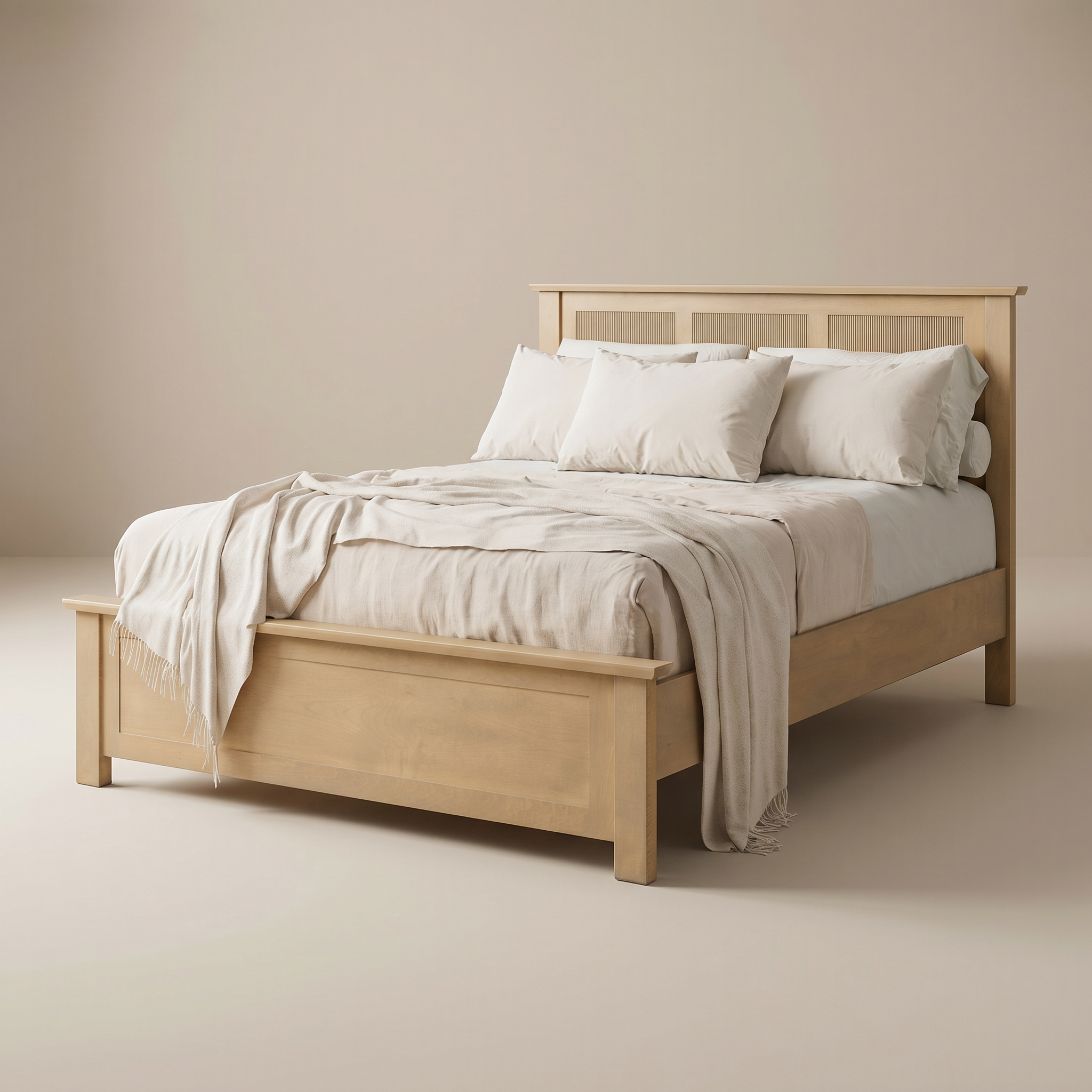 Wooden bed with white bedding against a beige wall
