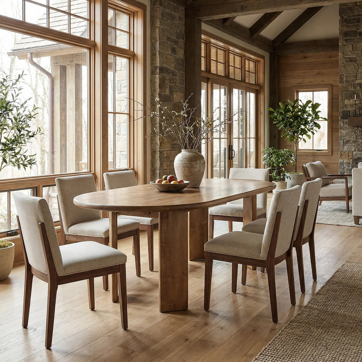 Alpenglow oval dining table with chairs in a great room