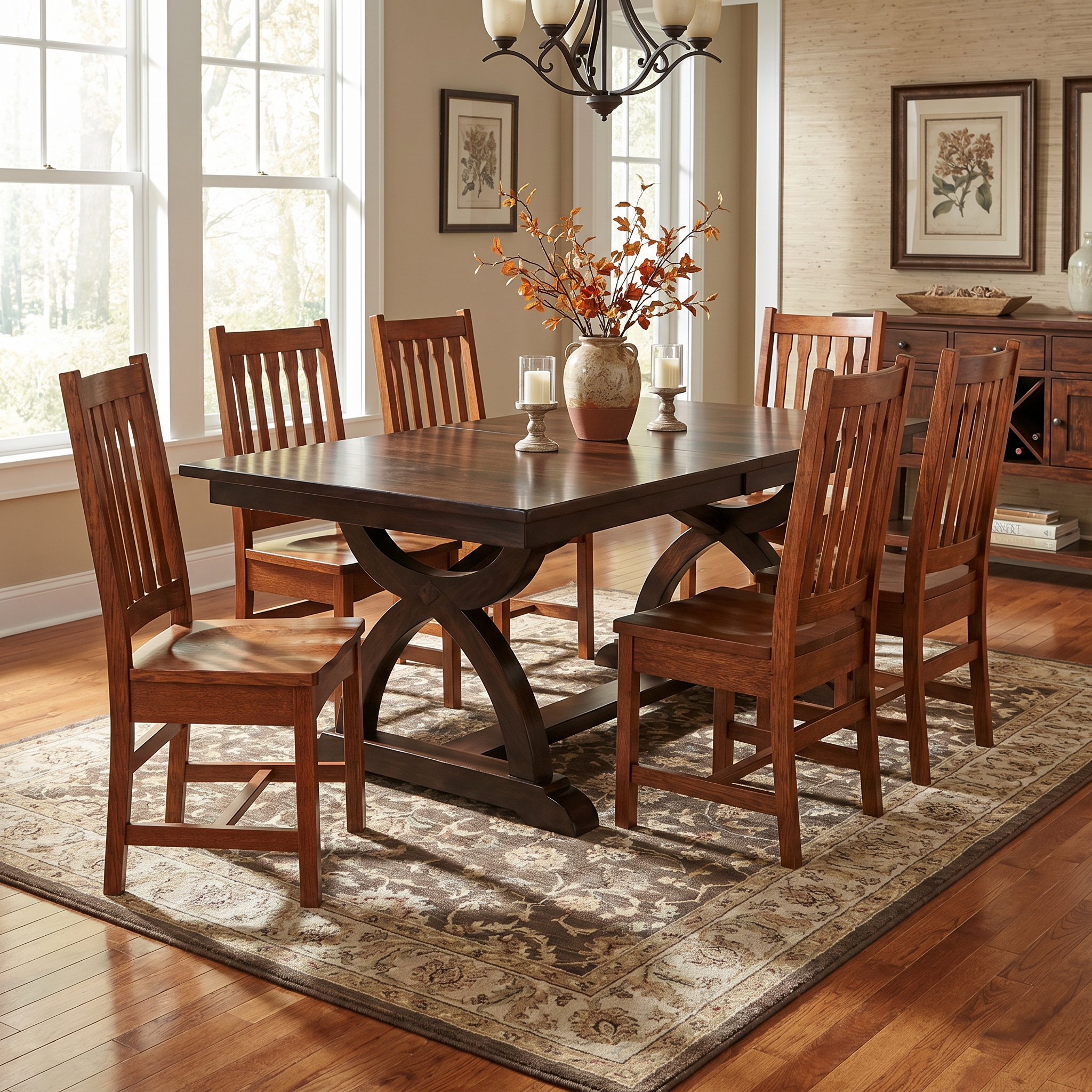 Buchanan bar chair, Wooden dining table with chairs in a well-lit room with large windows.