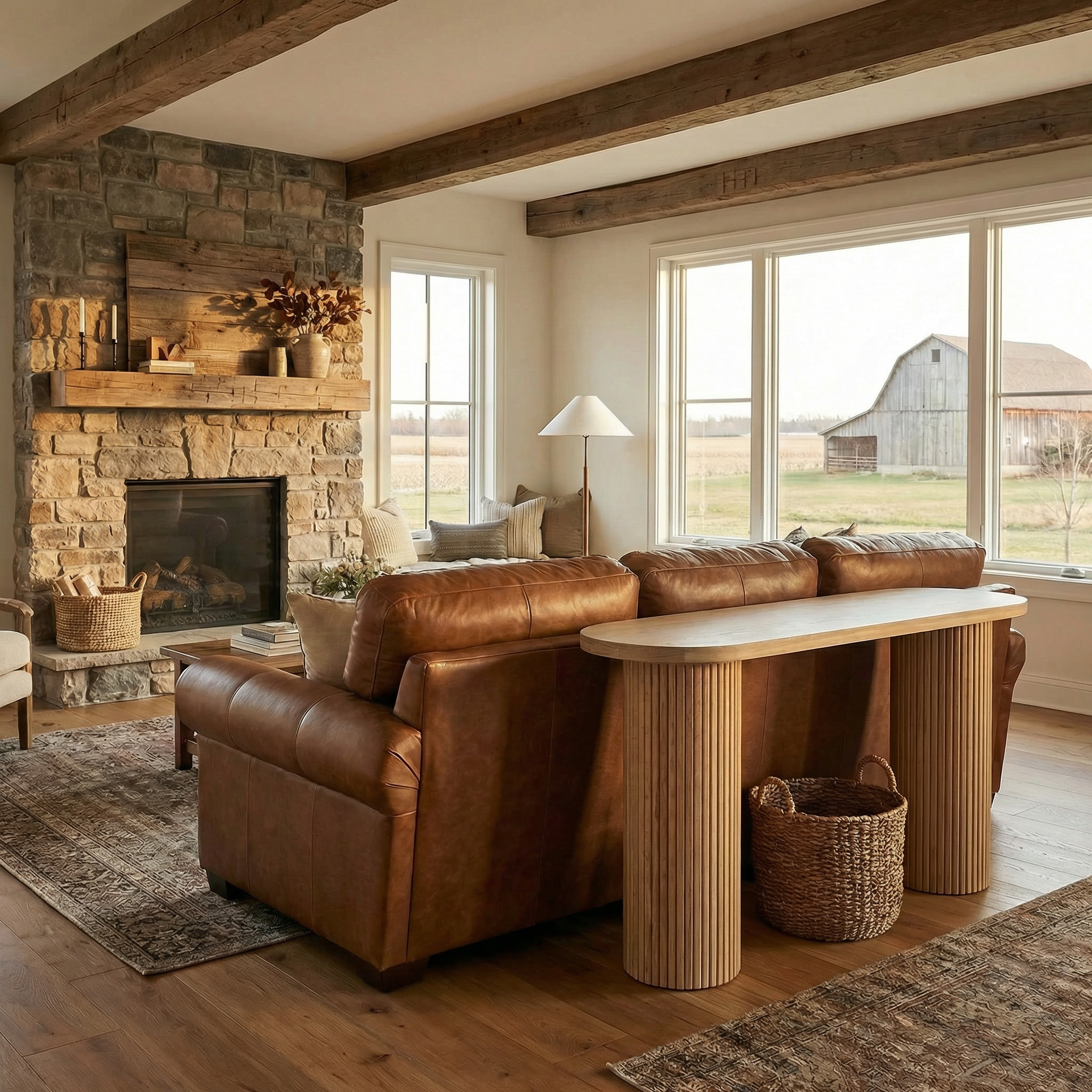 Cozy living room with brown leather sofa, stone fireplace, and large windows. Berkeley sofa table white aok