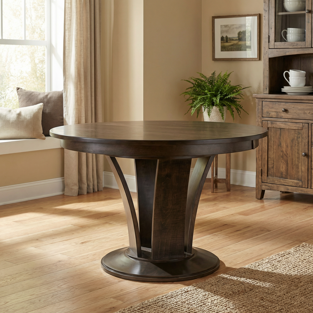Boulder round pedestal dining table in a breakfast room