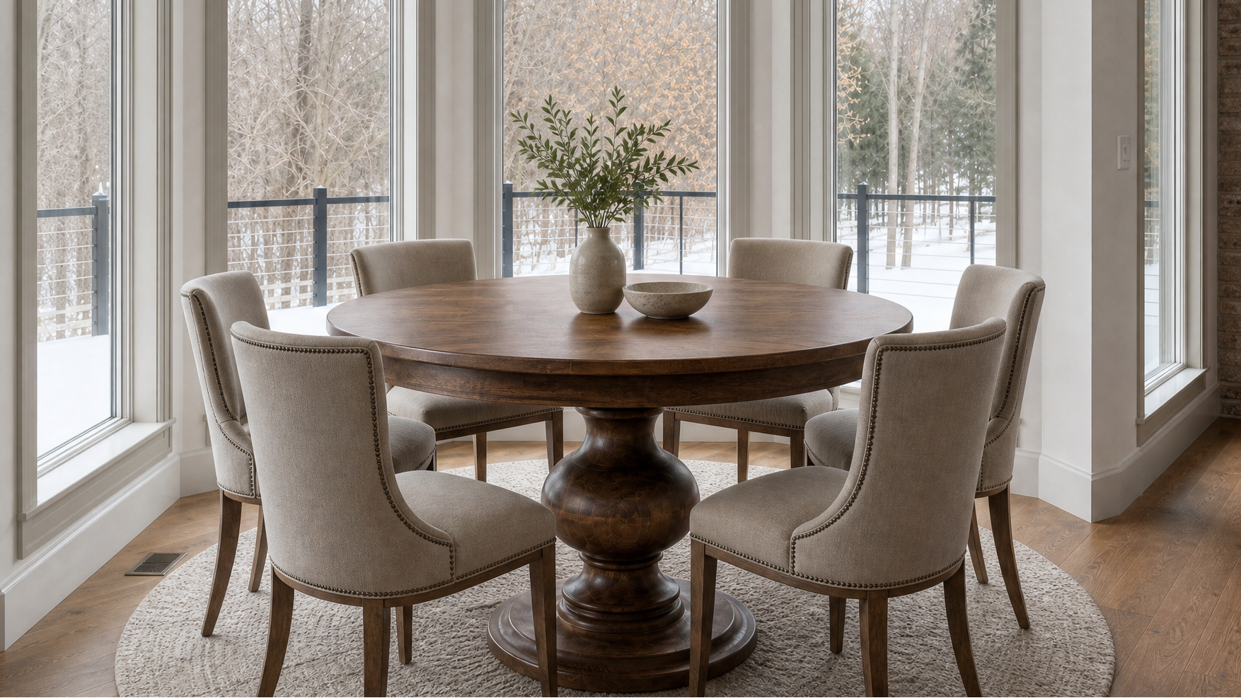 Dining room with wooden table and chairs near large windows with a snowy outdoor view. burrick table in walnut