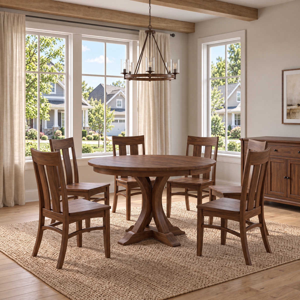 Cascade round walnut dining table with chairs in a bright dining room