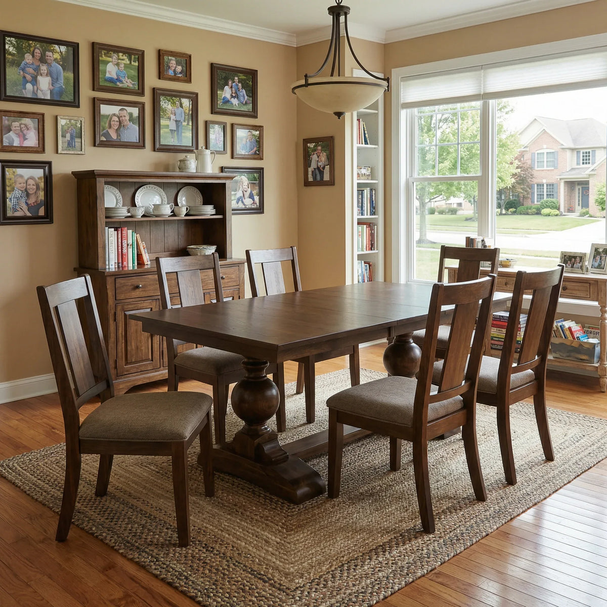 Fletcher dining table with chairs by a bookcase