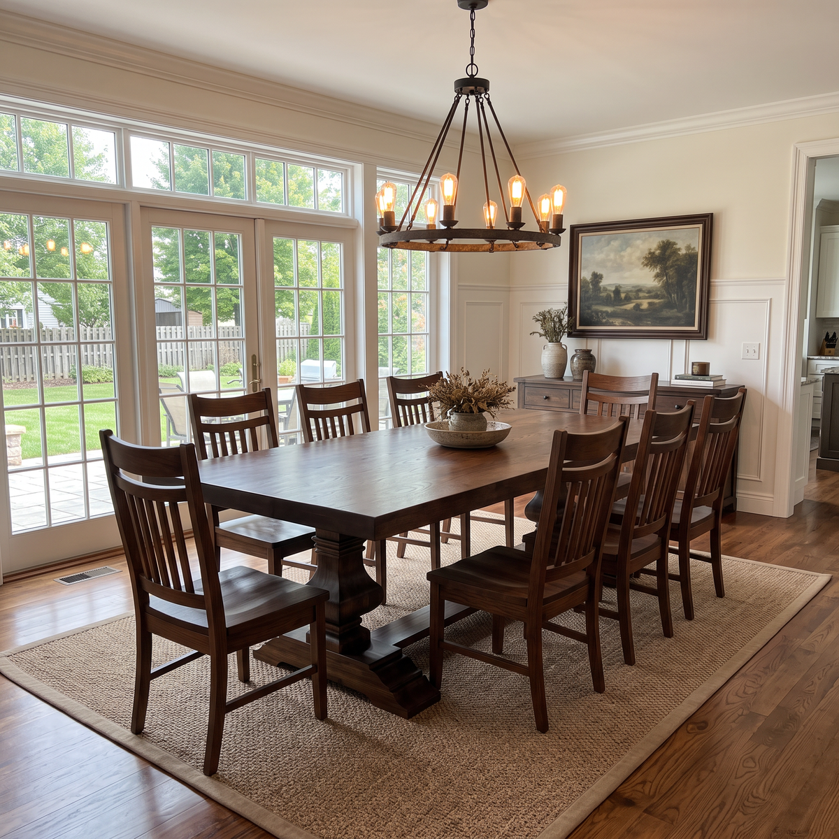 The Hartwell solid hardwood dining table with turned double-pedestal trestle base, made in Indiana, USA