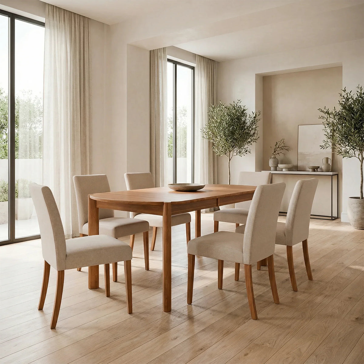 Hemlock dining table with upholstered chairs in a dining room