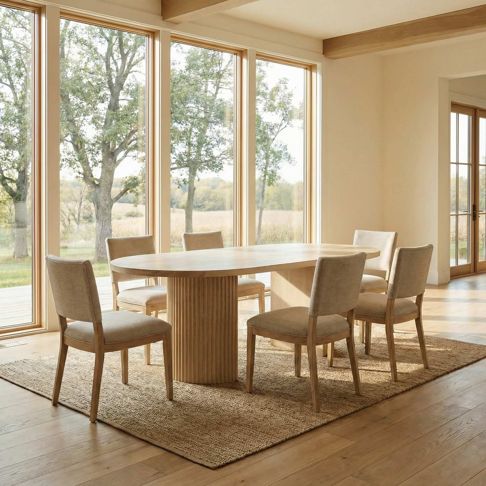 Dining room with wooden table and chairs in a bright room with large windows.
