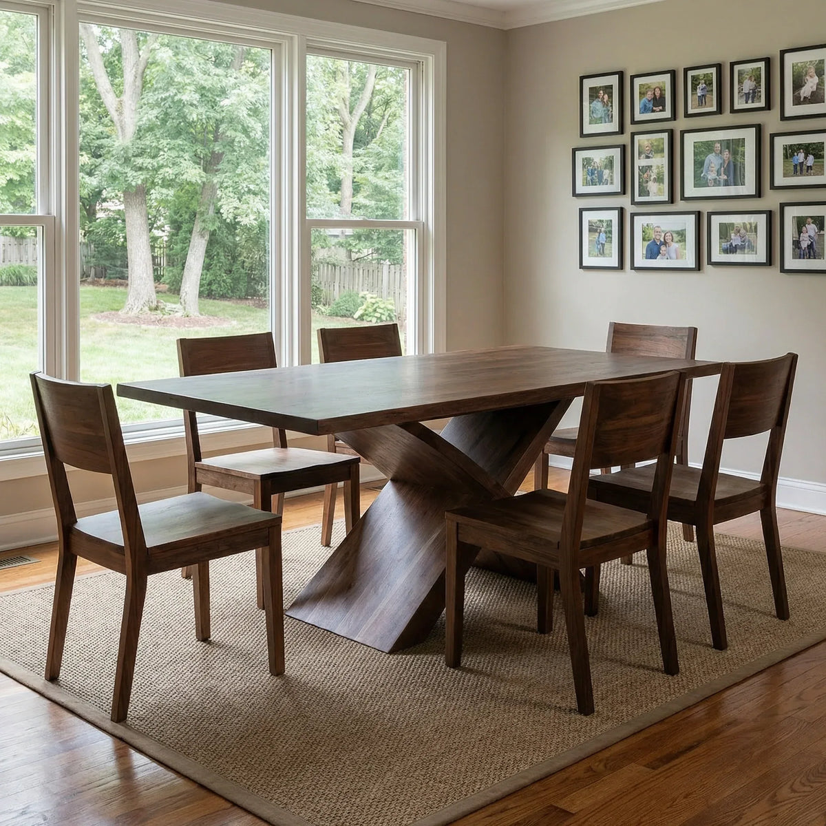 Tamarack walnut live edge dining table with sculpted X base